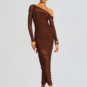NWT SER.O.YA Chantae Mesh Dress in Coconut NEW FWRD BROWN ruched sheer maxi